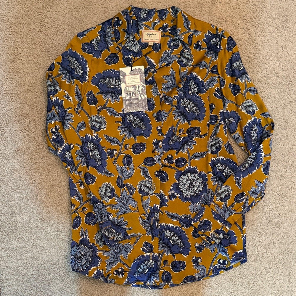 Sezane Mustard and Blue Floral Blouse